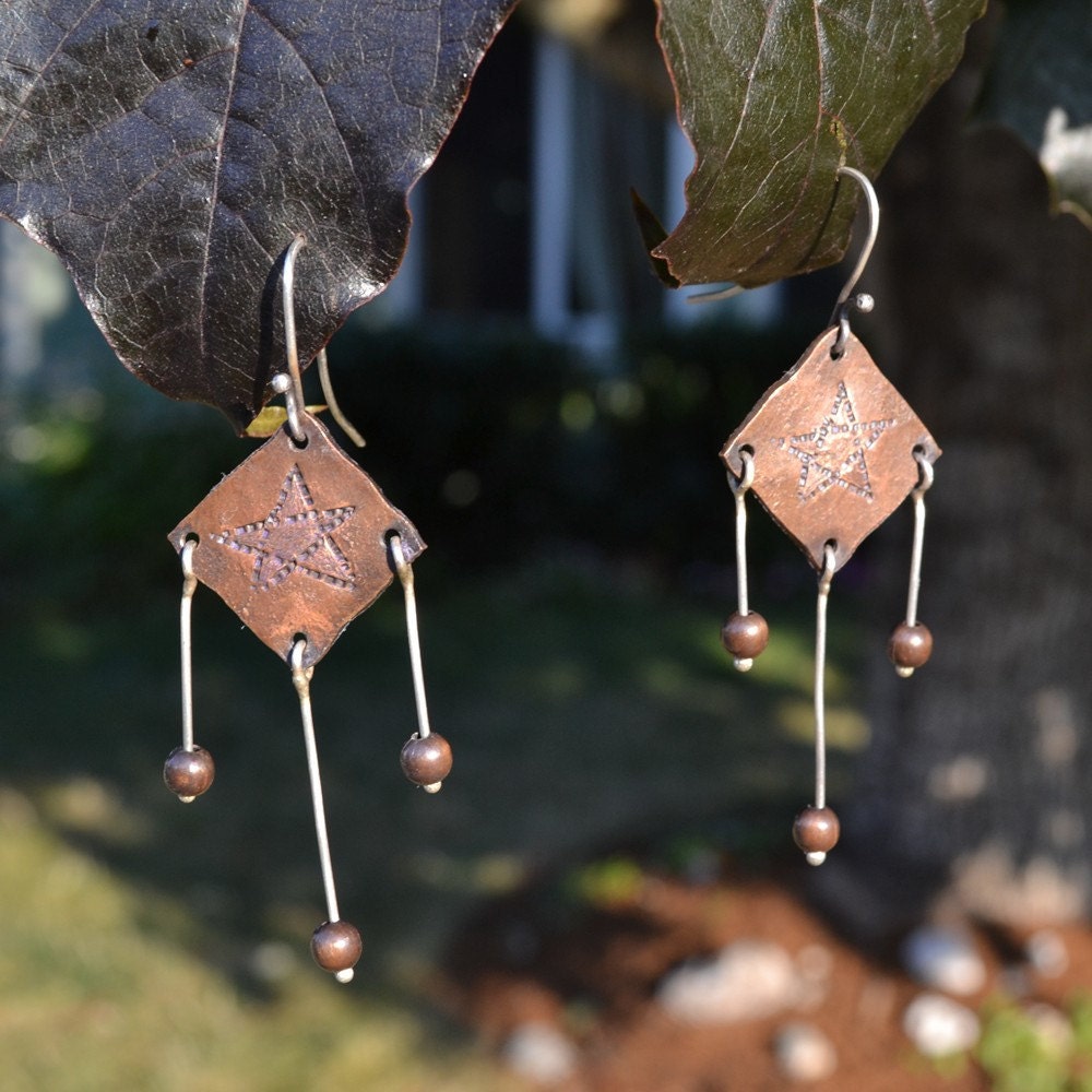 SALE Star Stamped Copper Diamond Earrings with Sterling Silver Dangles and Copper Beads (Price was 28.00)