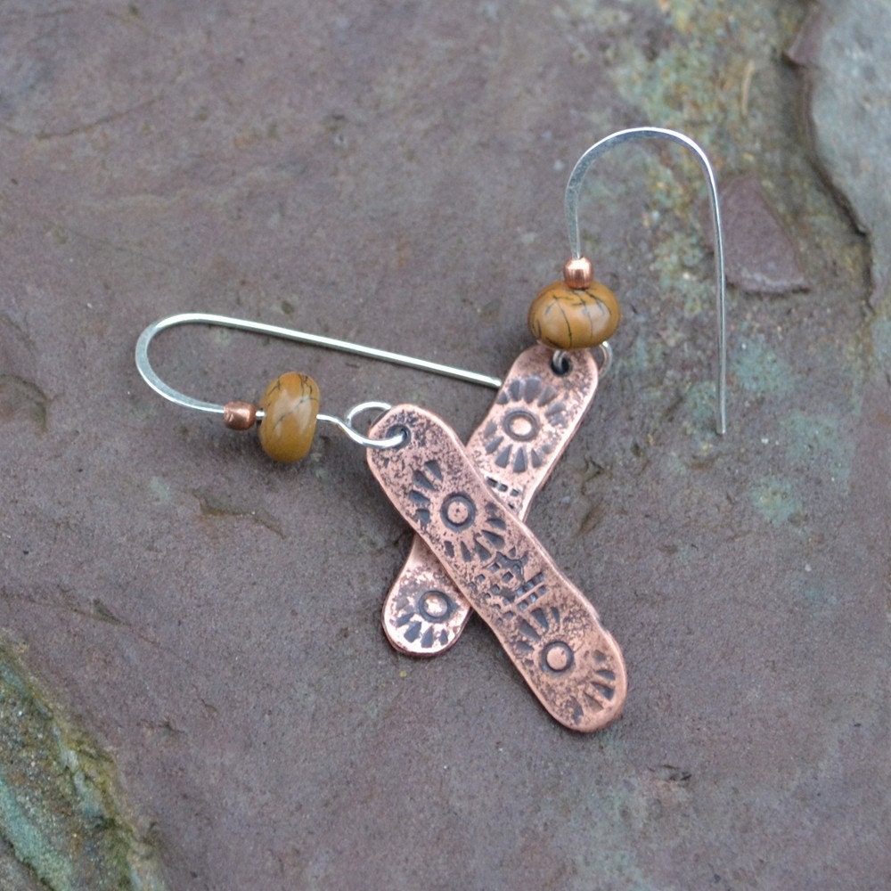SALE Stamped Copper, Jasper, Sterling Silver  Earrings (Price was 23.00)