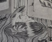 Original Charcoal Drawing "Living Room" With Trout and Chair