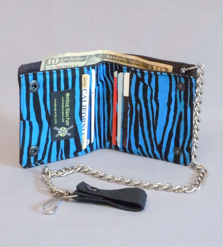 Vegan Chain Wallet Black and Blue Stripe Black Canvas