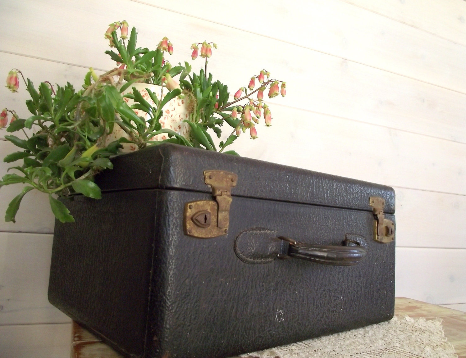 Black Leather Suitcase with Key Antique Hardcase 1930s Home Decor Photo Prop Wedding Decor