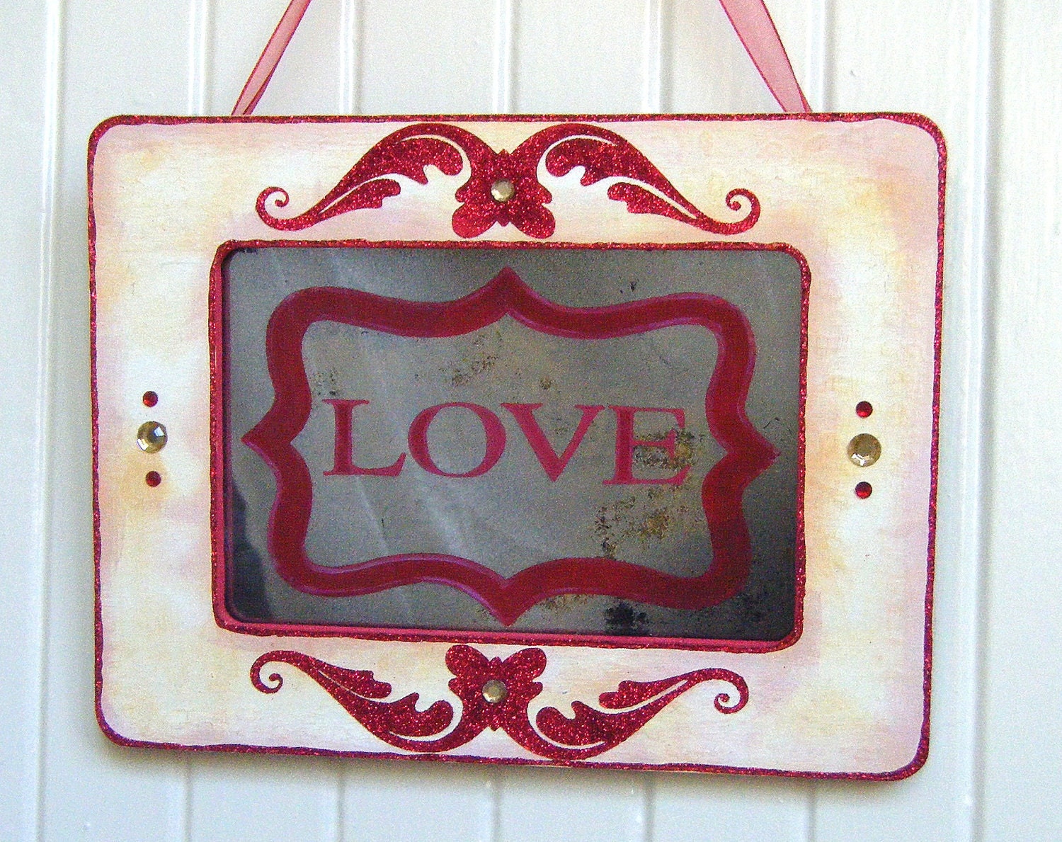 LOVE Sign Antiqued Mirror in Pink and Red Shabby Chic Frame