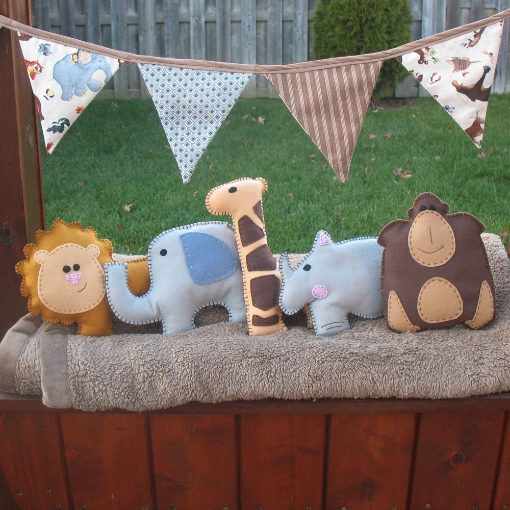 5 African Safari Animal Hand Sewing PATTERNS - DIY Hand Embroidered Plushies - Lion, Gorilla, Elephant, Giraffe, Rhino - Easy