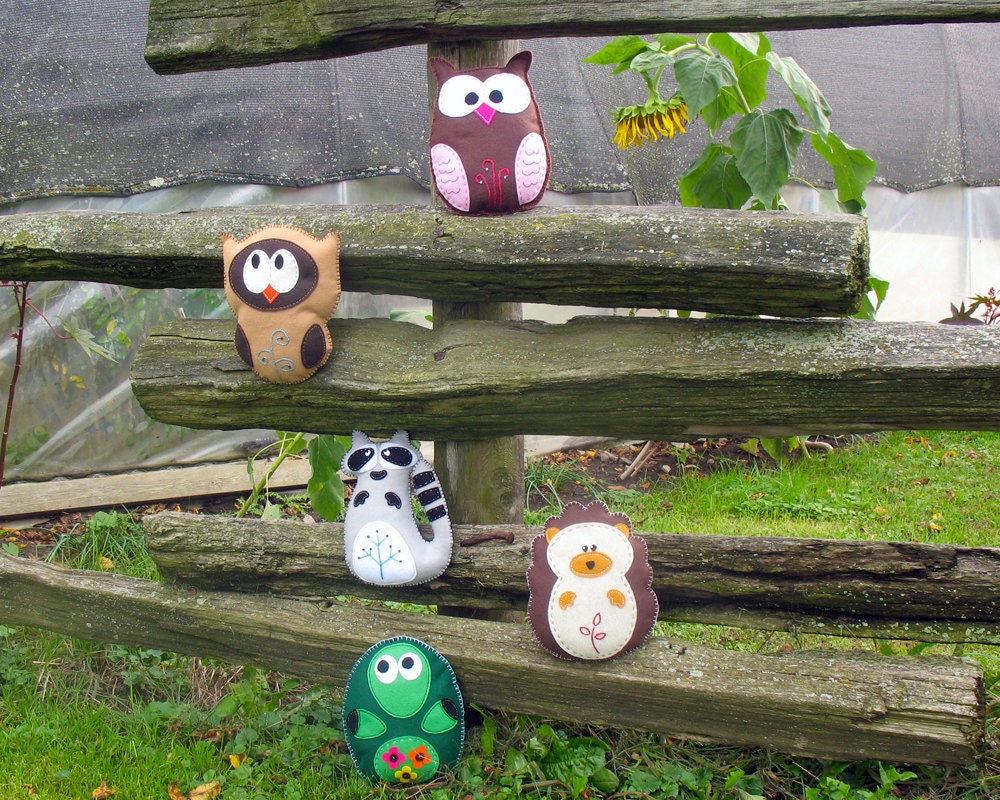 5 Woodland Forest Stuffed Animal Hand Sewing PATTERNS - DIY Owls Hedgehog Turtle Raccoon PDFs - Easy