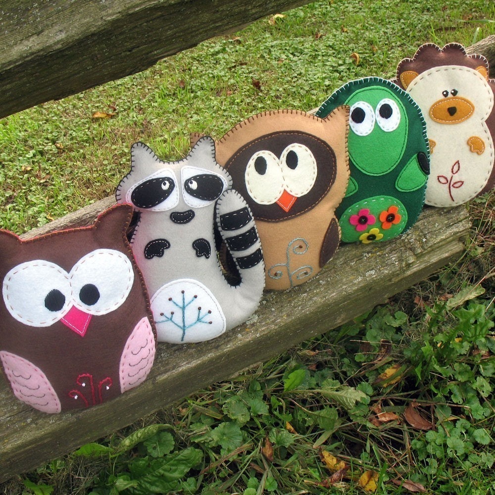 Woodland Forest Stuffed Animal PATTERNS - PICK 2 - Sew by Hand Felt Owl Turtle Hedgehog Raccoon Felt Plushies - Easy