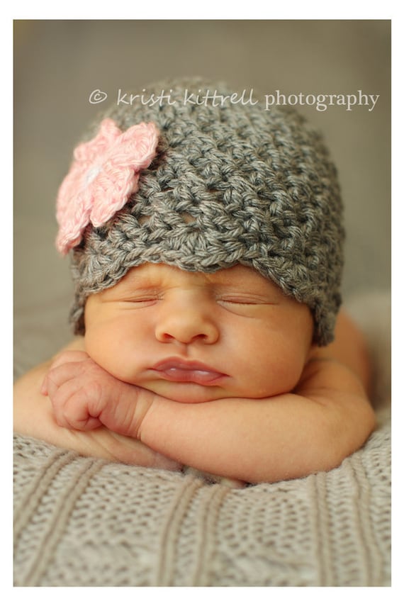 Ready to Ship - Crochet Baby Girl Hat - Grey with Pink Flower Hat - Newborn
