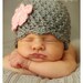 Ready to Ship - Crochet Baby Girl Hat - Grey with Pink Flower Hat - Newborn
