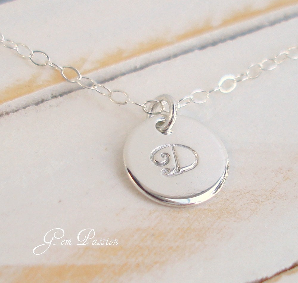 Sterling Silver Initial Disc Monogram Necklace - Fancy Font - Personalized Handmade Small Thick Disc