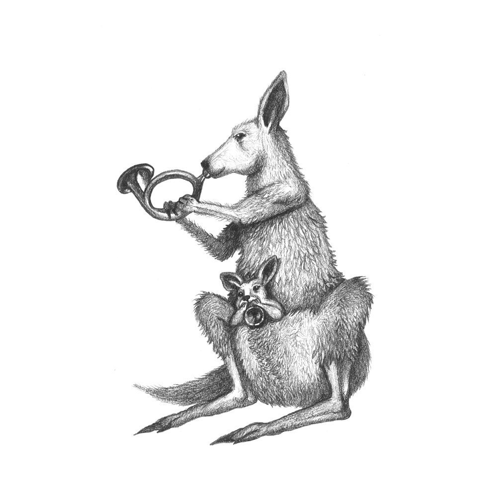 5x7 Giclee Print of Delacorte Clock Kangaroo and Joey with Horns pencil illustration