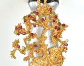 Vintage Sascha Brastoff Tree of Life Ruby Peridot Gold Tree Necklace