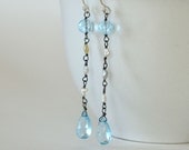 Long Flapper Earrings Sky Blue Topaz Akoya Saltwater Pearls Oxidized Sterling Silver
