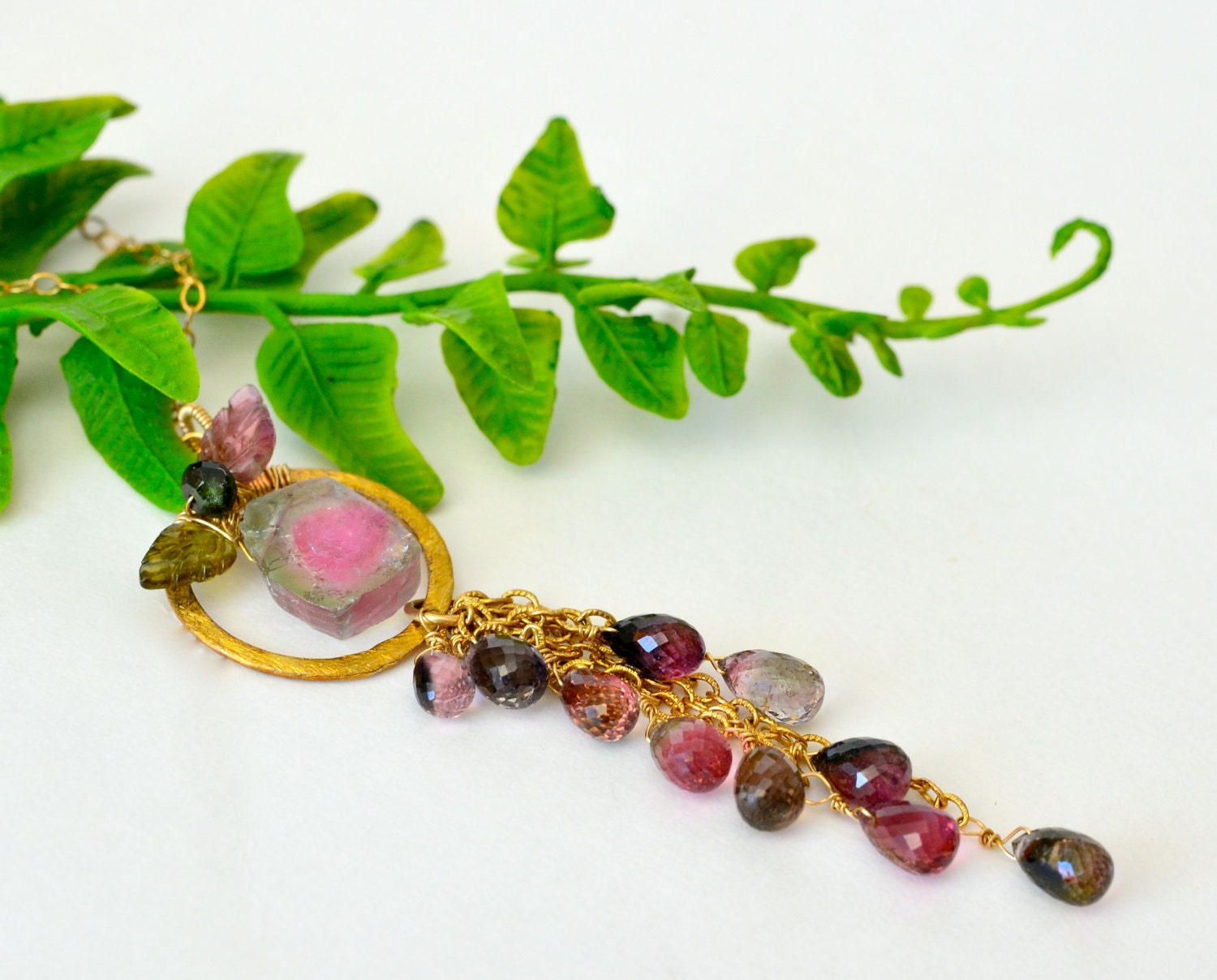OOAK Watermelon Tourmaline Gold Necklace