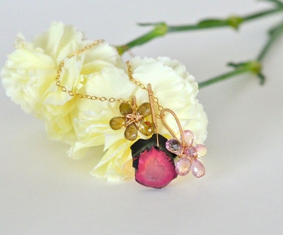 OOAK Exotic Gemstone Flower Necklace Watermelon Tourmaline Pink Topaz Gold Filled