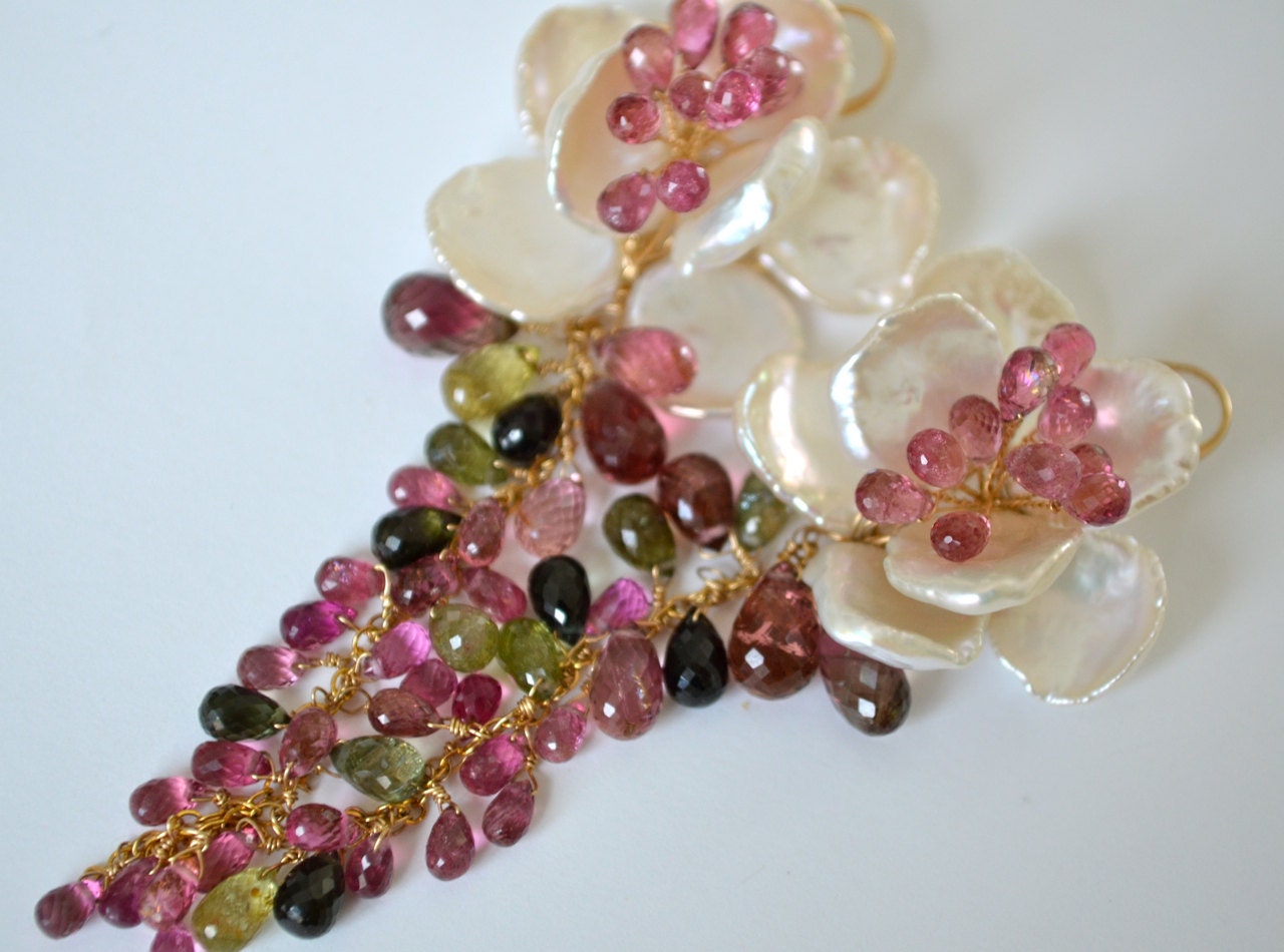 Tourmaline and Keishi Pearl Flower Earrings