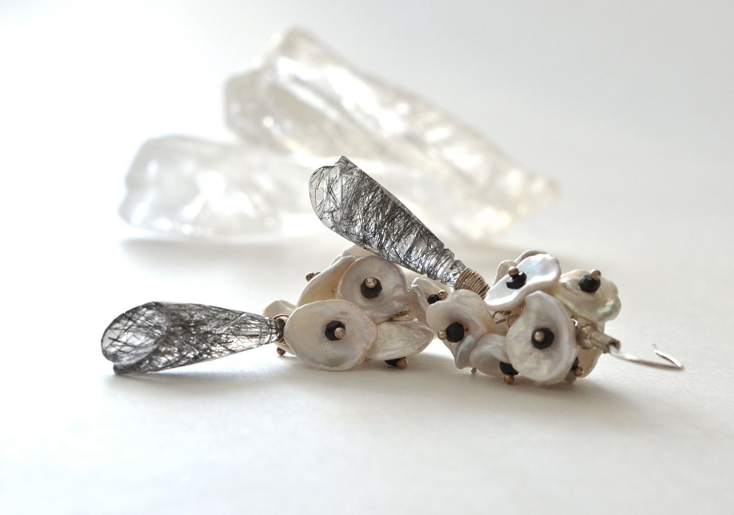 OOAK Flowers Earrings Black Rutilated Quartz Silver Black Spinel Keishi Pearl Black and White Jewelry