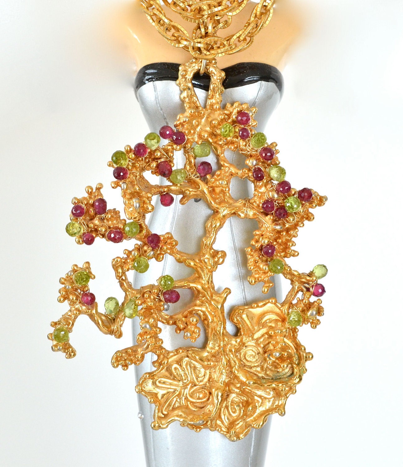 Vintage Sascha Brastoff Tree of Life Ruby Peridot Gold Tree Necklace
