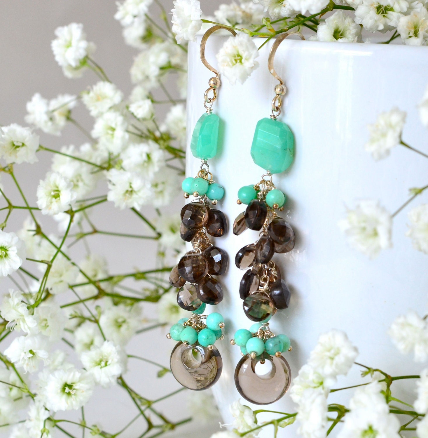 Smoky Quartz Chrysoprase Long Cluster Earrings