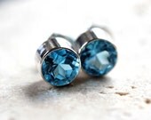 Swiss Blue Topaz Post Earrings, Aqua Blue Faceted Gemstone Stud Earrings Sterling Silver December Birthstone