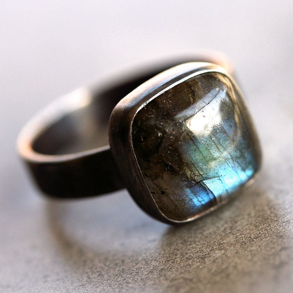 Labradorite Ring, Blue Flash Labradorite Oxidized Recycled Argentium Sterling Silver Ring - US Size 9 - TheSlyFox