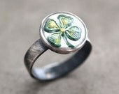 Shamrock Ring, Kelly Green Four Leaf Clover St. Patrick's Day Oxidized Sterling Silver Ring - Made in Your Size - Irish Lucky Charm
