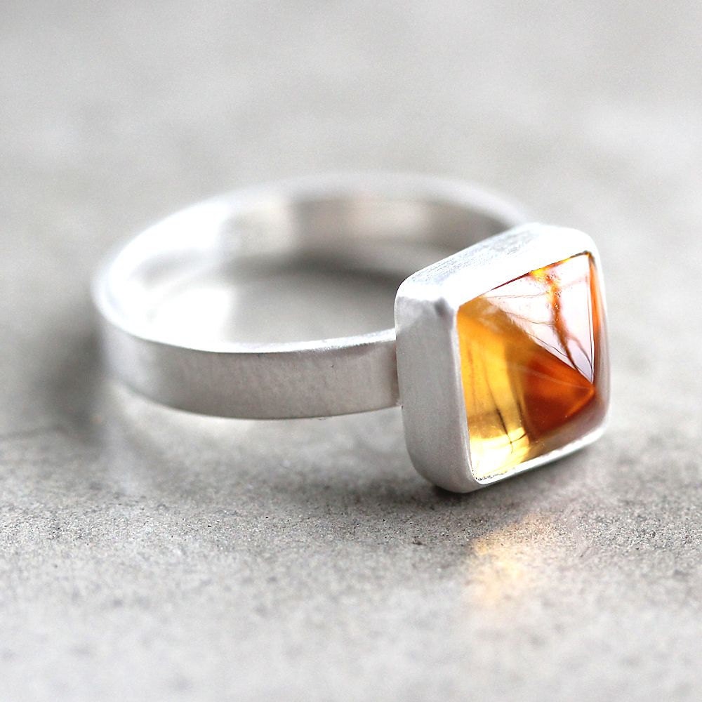 Lemon Yellow Citrine Ring, Citrus Yellow Gemstone Pyramid Brushed Sterling Silver Ring November Birthstone Geometric Jewelry - Size 5.75