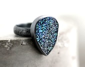 Cobalt Druzy Statement Ring, Ocean Midnight Indigo Blue Green Druzy Oxidized Sterling Silver Ring Cocktail Ring  - Size 6 - Mermaid