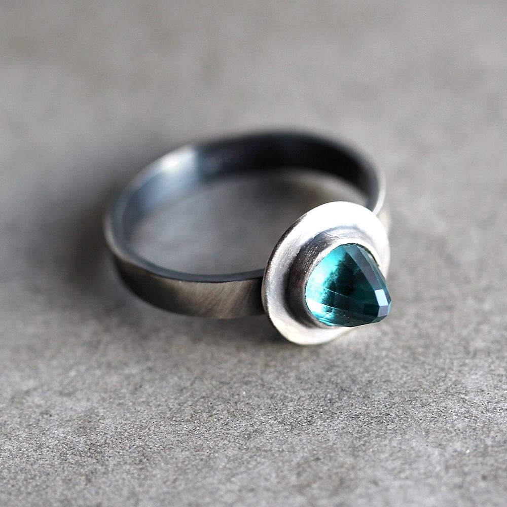 Green Topaz Bullet Ring, Faceted Teal Blue Green Stone Oxidized Sterling Silver Ring Metalsmithed Topaz Jewelry - Size 6