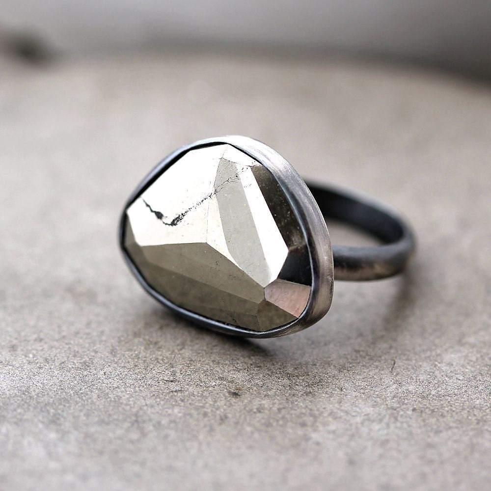 Pyrite Ring, Metallic Golden Rose Cut Pyrite Oxidized Sterling Silver Ring Geometric Modern Fool's Gold Pyrite Jewelry - Size 8