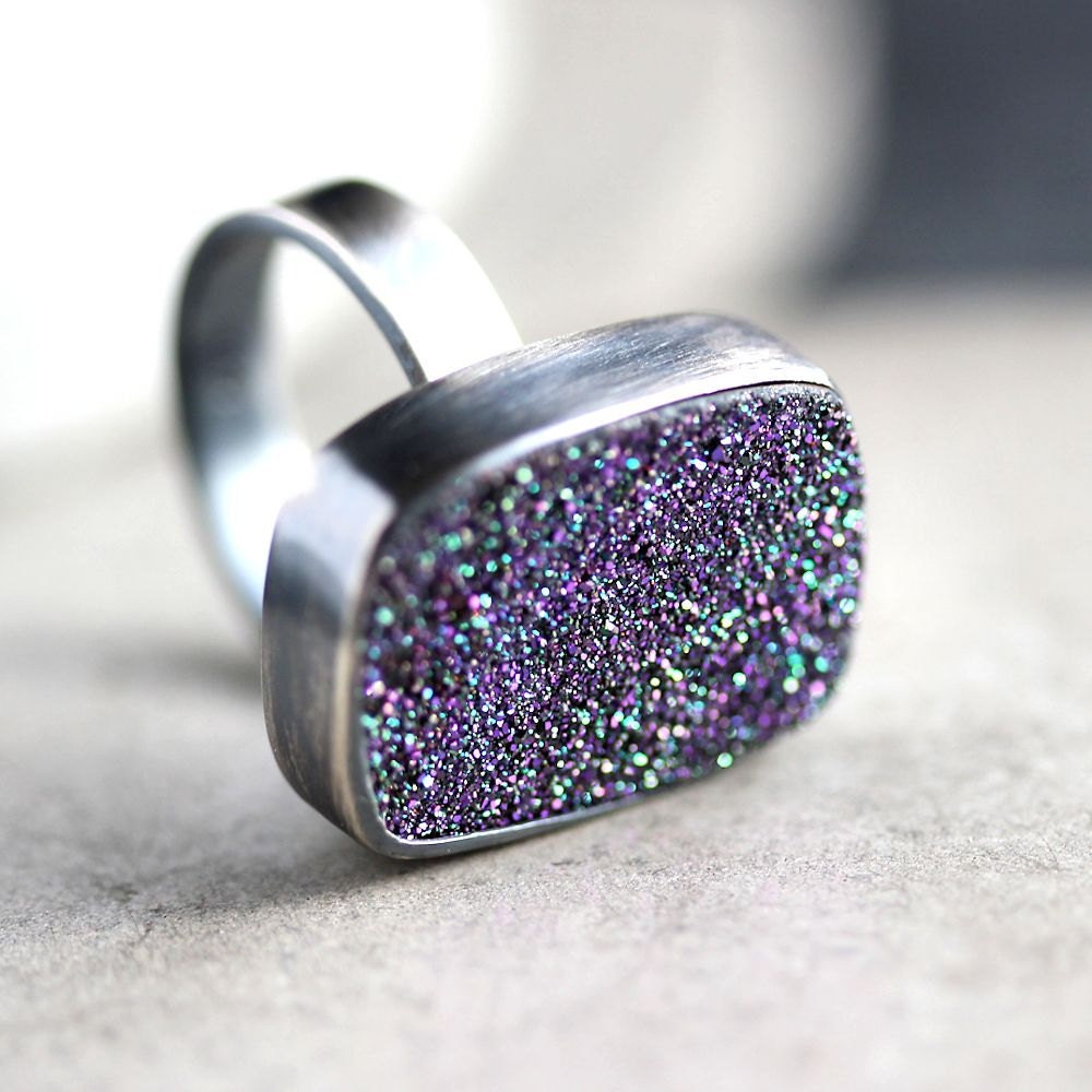 Purple Druzy Ring, Violet Purple Drusy Oxidized Argentium Sterling Silver Ring - Druzy Jewelry - Ready to Ship in US Size 5.5 - Peacock