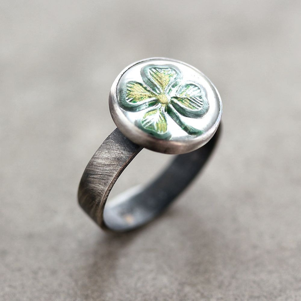 Shamrock Ring, Kelly Green Four Leaf Clover St. Patrick's Day Oxidized Sterling Silver Ring - Made in Your Size - Irish Lucky Charm