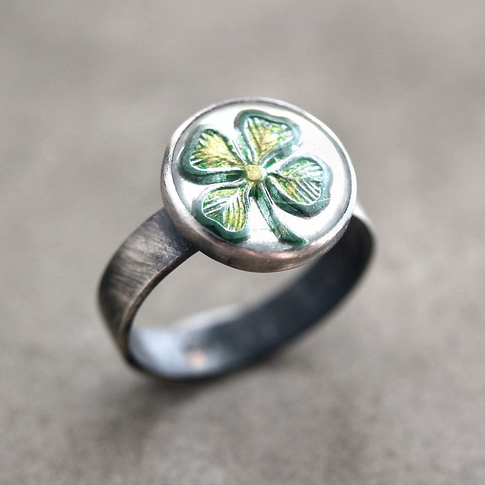 Shamrock Ring, Kelly Green Four Leaf Clover St. Patrick's Day Oxidized Sterling Silver Ring - Made in Your Size - Irish Lucky Charm