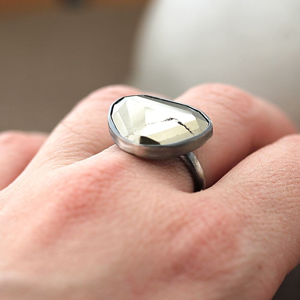 Pyrite Ring, Metallic Golden Rose Cut Pyrite Oxidized Sterling Silver Ring Geometric Modern Fool's Gold Pyrite Jewelry - Size 8