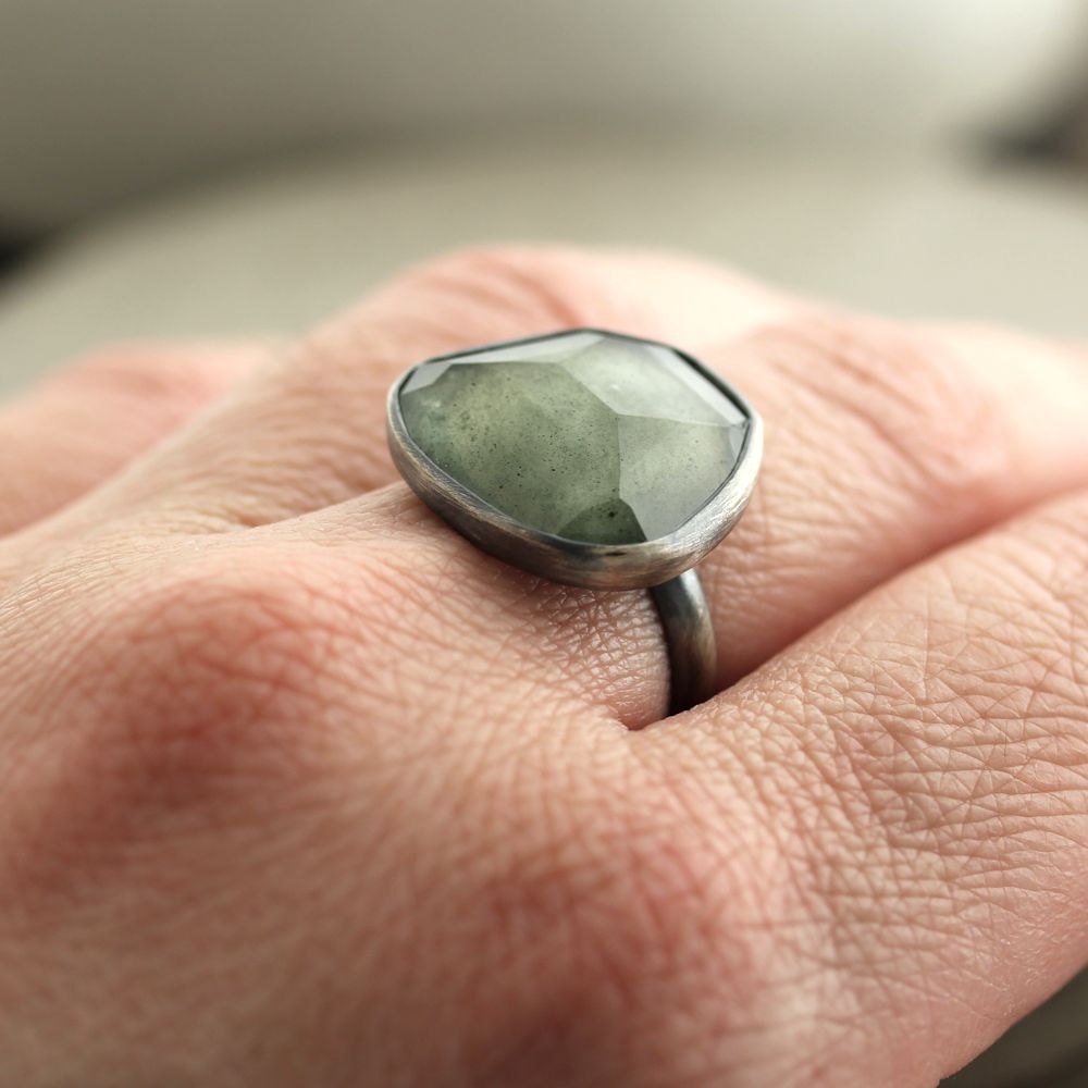 Moss Aquamarine Ring, Watery Sage Green Faceted Stone Oxidized Sterling Silver Ring March Birthstone Aquamarine Jewelry - Size 7 - Siren