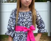 Custom Boutique Clothing Girls Dress Black and White Damask Christmas Special Occassion Peasant Dress with Hot Pink Sash, 3mos-8yr