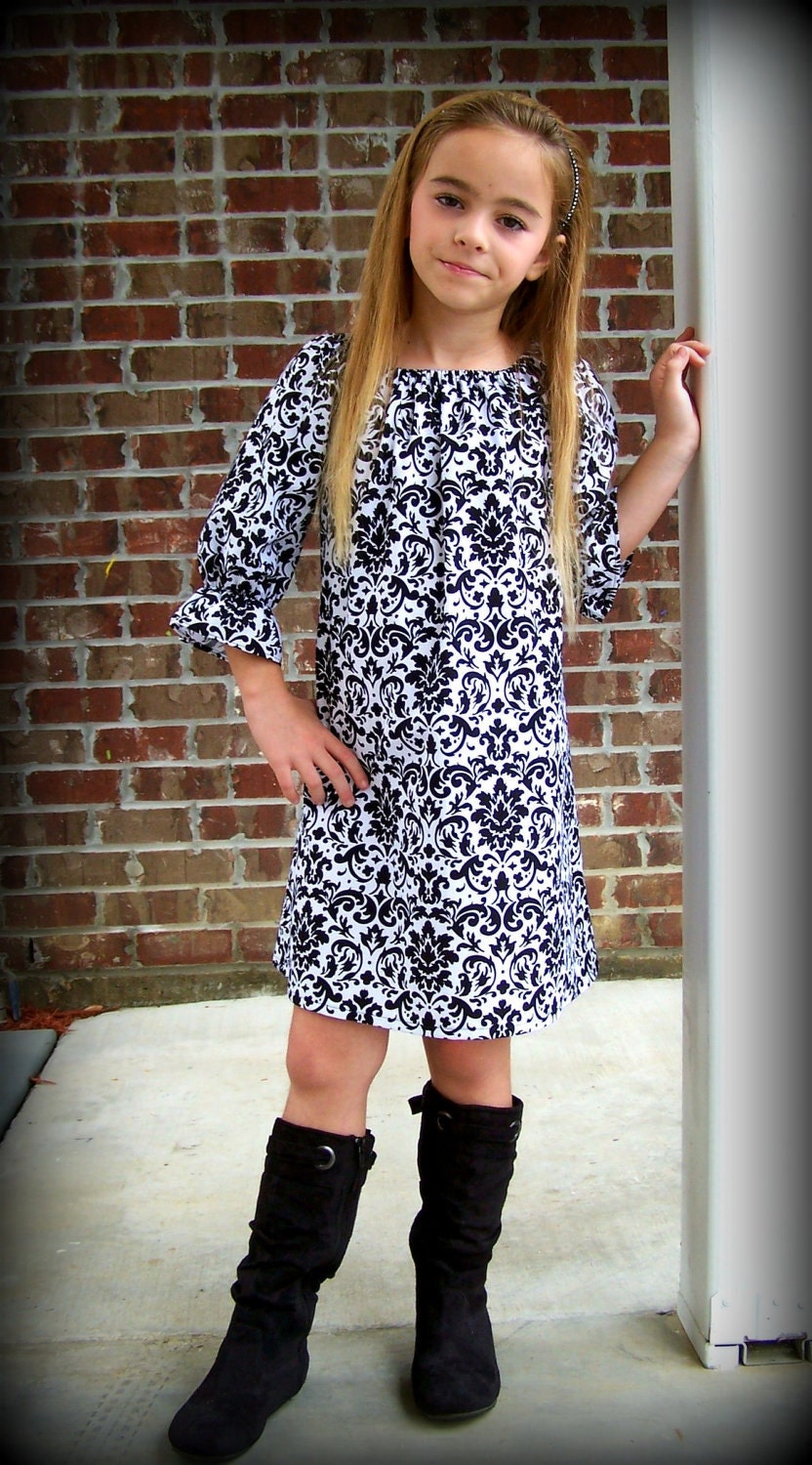 Custom Boutique Clothing Girls Dress Beautiful Black and White Damask Holiday or Special Occassion Peasant Dress, Sizes 0-3mos-8yr