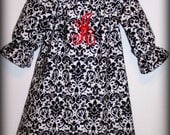 Custom Boutique Clothing Girls Dress Black and White Damask Peasant Dress with Monogram Initial, Size 3mos to 8yr