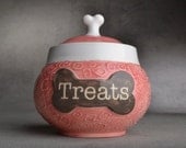 Dog Treat Jar Made To Order "Treats" Pink Squares Treat Jar by Symmetrical Pottery