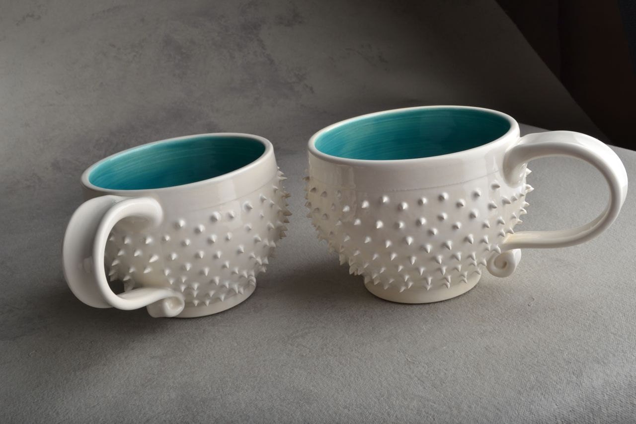 Spiky Mugs: Made To Order Pair of White and Blue Dangerously Spiky Cocoa/Soup Mugs by Symmetrical Pottery
