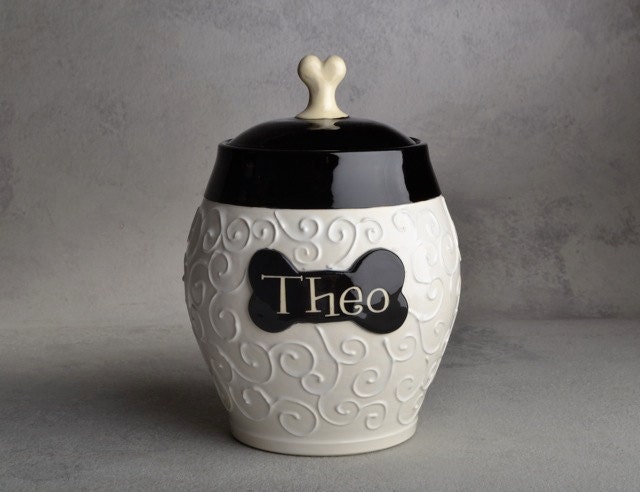 Dog Treat Jar Made To Order Black & White Slip Trailed Dog Treat Jar by Symmetrical Pottery
