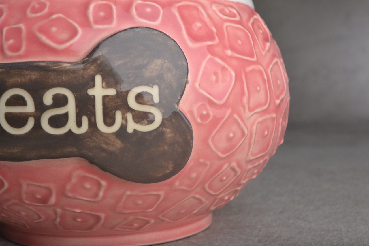 Dog Treat Jar Made To Order "Treats" Pink Squares Treat Jar by Symmetrical Pottery