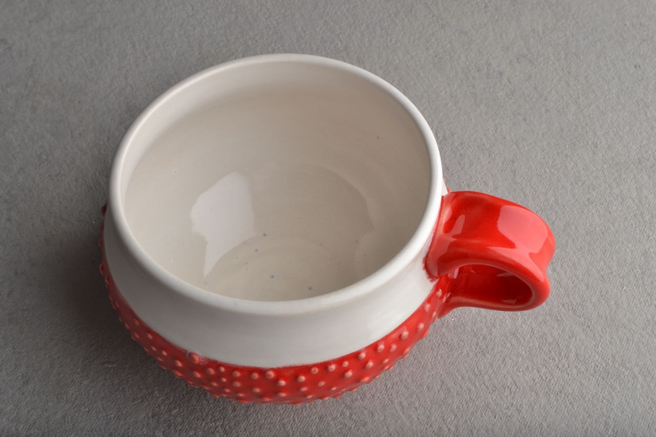 Dottie Mug: Red Stoneware Dottie Soup Cocoa Mug by Symmetrical Pottery
