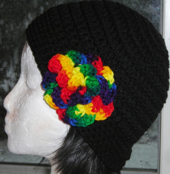 BLACK Beanie Cloche Crochet  Hat with attached Rainbow Flower