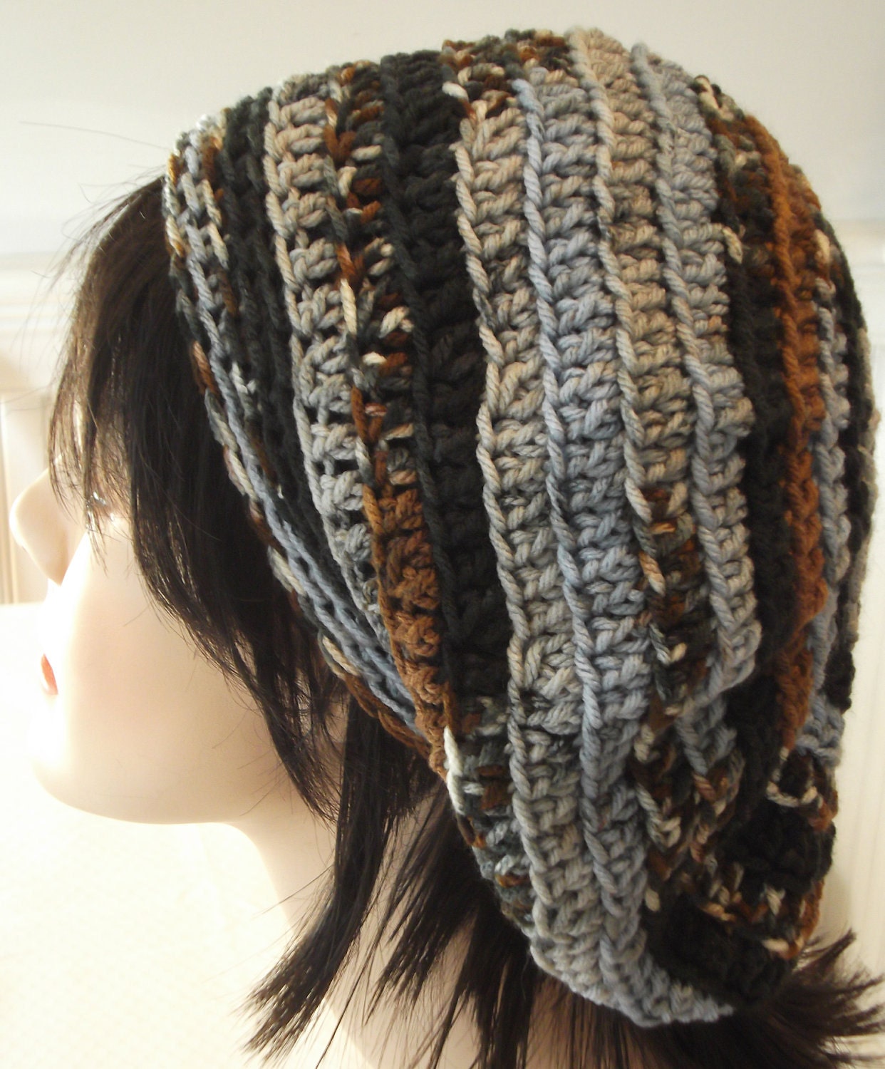 Blue Brown Grey Slouchy Beanie Beret Tam Handmande Crochet Hat
