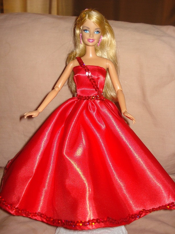 Valentines Day handmade full red Satin formal with sequin detailing for Barbie Dolls - ed206