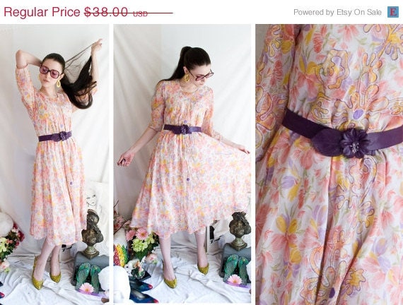 SALE VTG - Flowers of India - floral print full skirt dress and harem pant set - size s m l