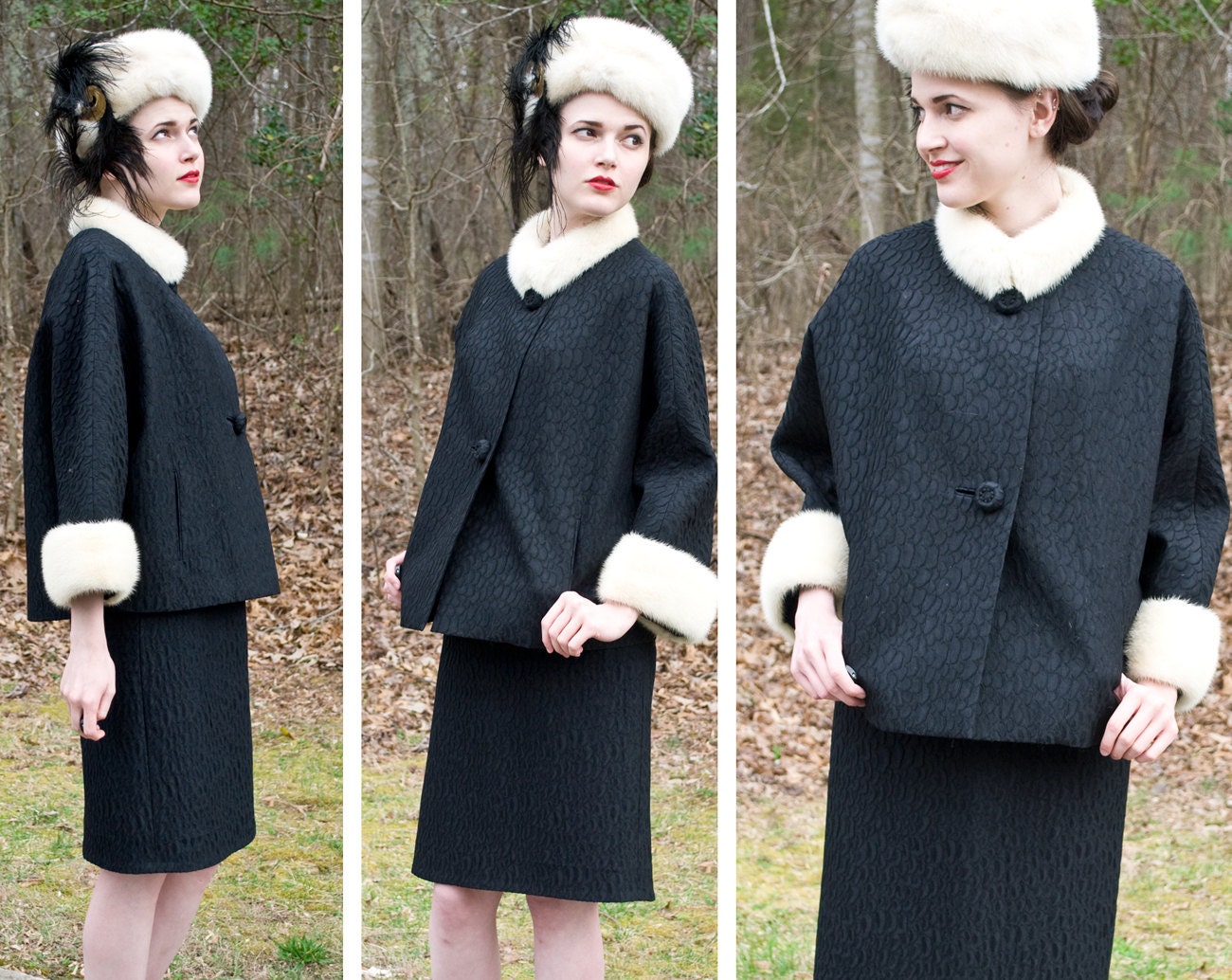 R E S E R V E D   DEAL of the day - 50s - Russian Minx - black dolman sleeve coat pencil skirt with white mink trim - size s