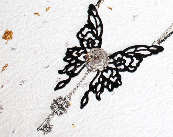 The Necromancer's Web of Love Steampunk Necklace - Black Butterfly on Rare Vintage Watch Movement with Key - Exclusive Steampunk Necklace