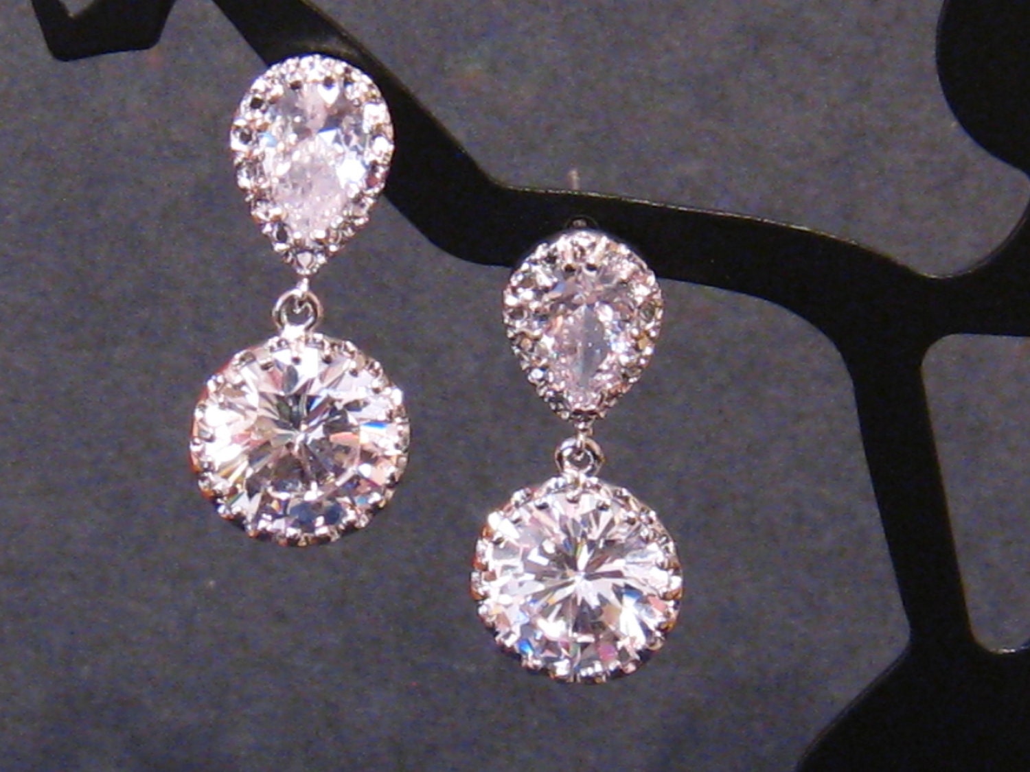 CZ Bridal Earrings, Sterling Silver Post, Teardrop and Round Cubic Zirconia Earrings, CZ Wedding Jewelry, Wedding Earrings