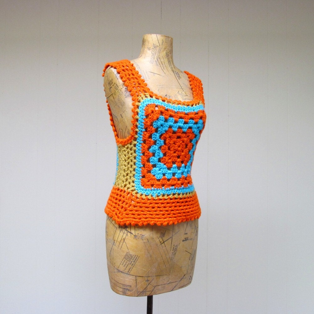 Vintage 1960s 70s Hippie Crochet Sweater Vest / Granny Square Knit Top / Small / Medium