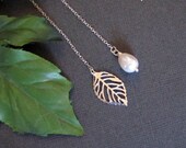 Leaf Necklace, Swarovski Pearl, Sterling Silver Chain, Delicate Necklace, Dainty Silver Necklace, Bridesmaid Necklace, Wedding Jewelry